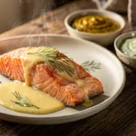 Assiette de saumon rôti avec une sauce crémeuse au citron et aux herbes fraîches