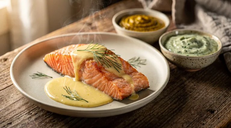 Assiette de saumon rôti avec une sauce crémeuse au citron et aux herbes fraîches