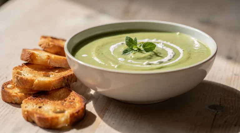 Bol de soupe courgette Kiri veloutée avec herbes fraîches