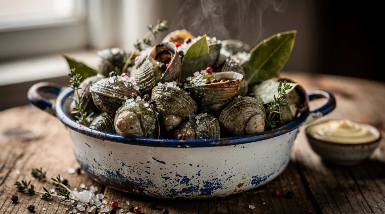 Cuisson des bigorneaux dans une casserole avec thym, laurier et gros sel, prêts à être dégustés